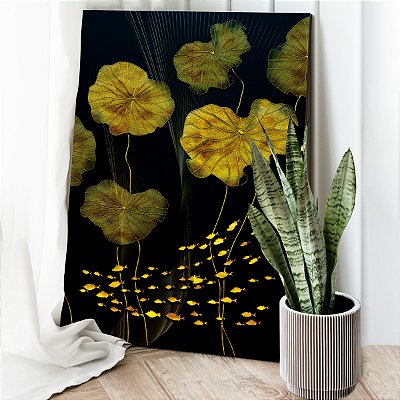 Quadro Decorativo Canvas Abstrato Folhas de Lótus e Peixes Dourados Vertical