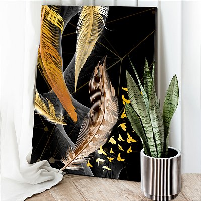 Quadro Decorativo Canvas Penas Abstratas e Pássaros Dourados Vertical