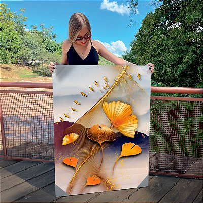 Quadro Decorativo Canvas Abstrato Folhas de Lótus e Peixes Dourados Fundo Colorido Vertical