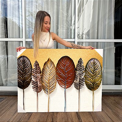 Quadro Decorativo Canvas Composição Abstrata de Folhas em Tons Terrosos Horizontal