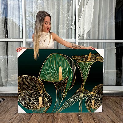Quadro Decorativo Canvas Composição Abstrata de Flores Copo de Leite Verdes Horizontal