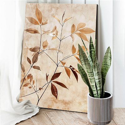 Quadro Decorativo Canvas Ramos Folhas em Tons Terrosos Vertical