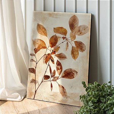 Quadro Decorativo Canvas Ramos Folhas em Tons Terrosos Vertical
