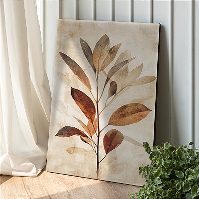 Quadro Decorativo Canvas Ramos Folhas em Tons Terrosos Vertical