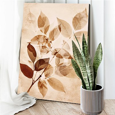 Quadro Decorativo Canvas Ramos Folhas em Tons Terrosos Vertical