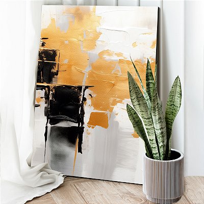 Quadro Decorativo Canvas Abstrato Pintura Preto e Branco com Detalhes Dourados Vertical