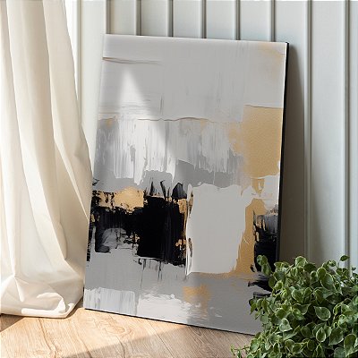 Quadro Decorativo Canvas Abstrato Pintura Preto Branco e Dourado Vertical