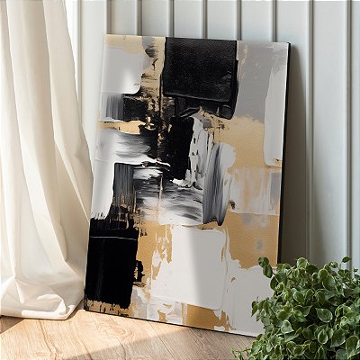 Quadro Decorativo Canvas Abstrato Pintura Preto Branco e Dourado Vertical