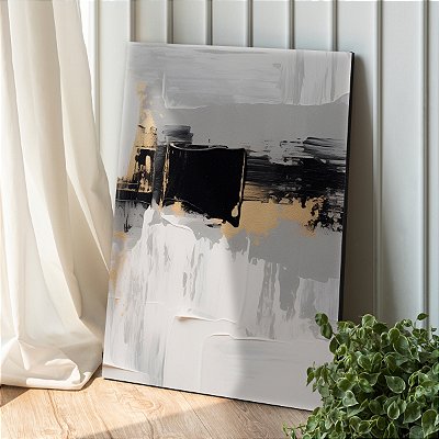 Quadro Decorativo Canvas Abstrato Pintura Preto Branco e Dourado Vertical