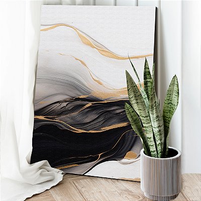Quadro Decorativo Canvas Abstrato Pintura Preto Branco e Dourado Vertical