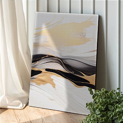 Quadro Decorativo Canvas Abstrato Pintura Preto Branco e Dourado Vertical