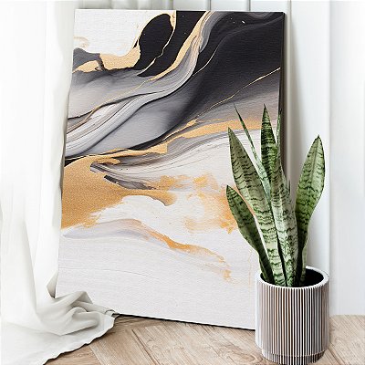 Quadro Decorativo Canvas Abstrato Pintura Preto Branco e Dourado Vertical