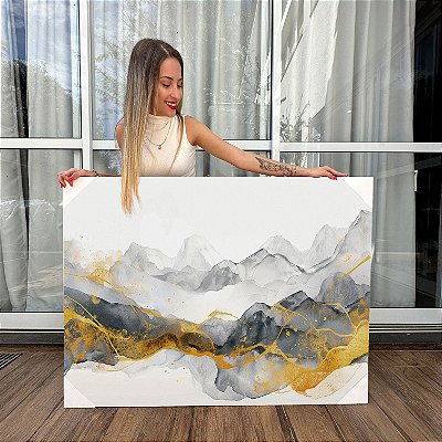 Quadro Decorativo Canvas Abstrato Pintura Tons de Cinza e Dourado Horizontal
