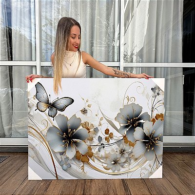 Quadro Decorativo Canvas Composição Flores e Borboleta Azuis Detalhes Dourados Horizontal