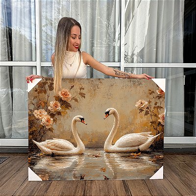 Quadro Decorativo Canvas Animais Pintura Casal de Cisnes com Rosas Horizontal