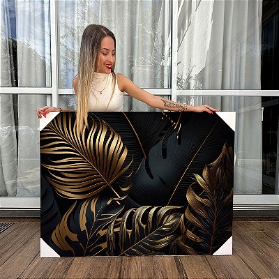 Quadro Decorativo Canvas Folhagem Preta e Dourada Fundo Preto Horizontal