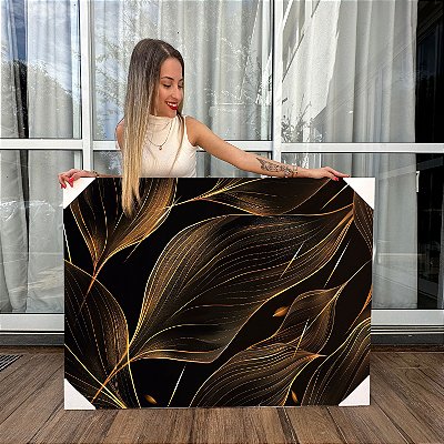 Quadro Decorativo Canvas Folhas Pretas e Douradas Fundo Preto Horizontal