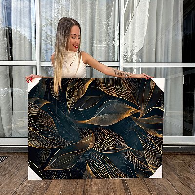 Quadro Decorativo Canvas Folhas Pretas e Douradas Fundo Preto Horizontal