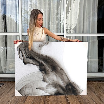 Quadro Decorativo Canvas Abstrato Fumaça Preta Fundo Branco Horizontal