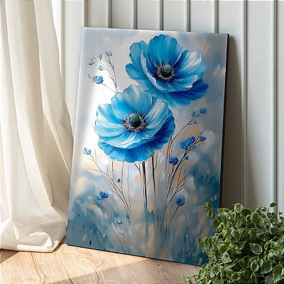 Quadro Decorativo Canvas Floral Pintura Papoulas Azuis Vertical