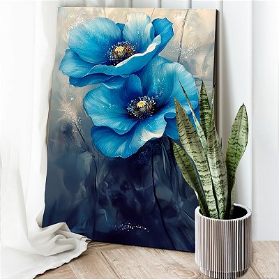 Quadro Decorativo Canvas Floral Pintura Par Papoulas Azuis Vertical