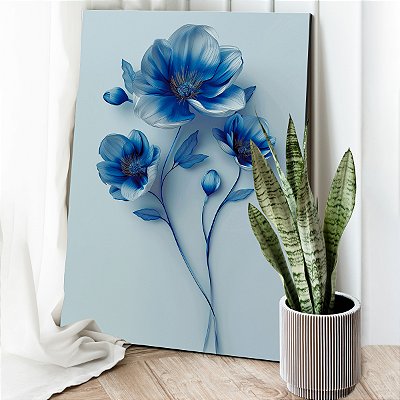 Quadro Decorativo Canvas Floral Papoulas Azuis Fundo Claro Vertical