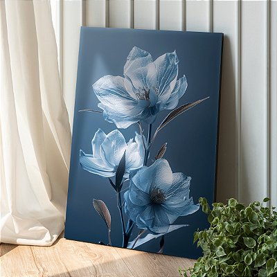 Quadro Decorativo Canvas Floral Trio de Papoulas Azuis Pétalas Claras Vertical