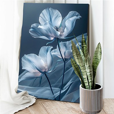 Quadro Decorativo Canvas Trio de Flores Azuis Pétalas Claras Vertical
