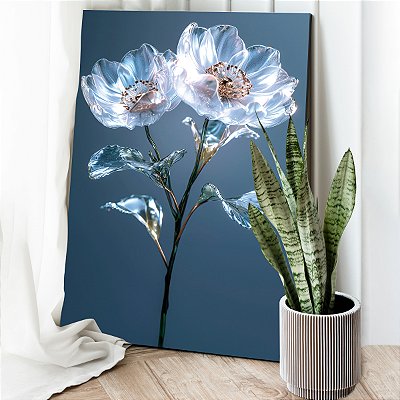 Quadro Decorativo Canvas Flores Azuis Pétalas e Folhas de Vidro Vertical