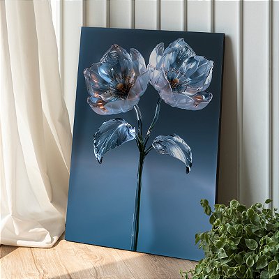 Quadro Decorativo Canvas Flores Azuis Pétalas e Folhas de Vidro Vertical
