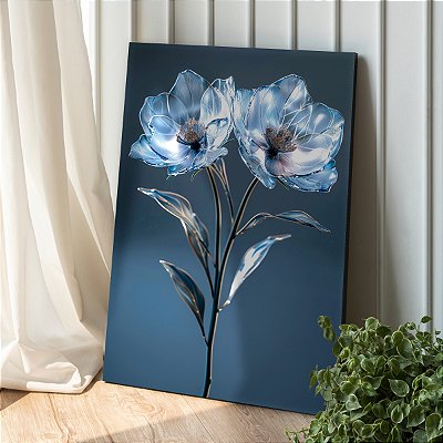 Quadro Decorativo Canvas Flores Azuis Pétalas e Folhas de Vidro Vertical