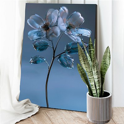 Quadro Decorativo Canvas Flores e Folhas de Vidro Azul Vertical