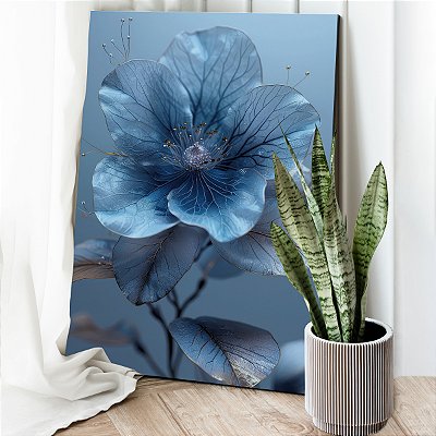Quadro Decorativo Canvas Flor e Folhas Azuis Detalhes Marrons Vertical