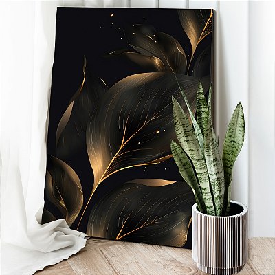 Quadro Decorativo Canvas Folhas Pretas e Douradas Fundo Preto Vertical