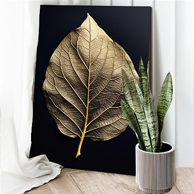 Quadro Decorativo Canvas Folha Grande Dourada em Fundo Preto Vertical