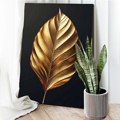 Quadro Decorativo Canvas Folha Dourada Golden Fundo Preto Vertical