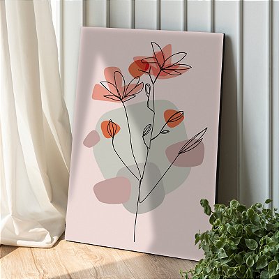 Quadro Decorativo Canvas Flores Traços Minimalistas Tons Avermelhados Vertical