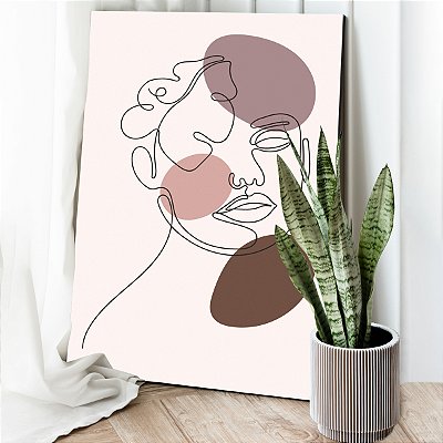 Quadro Decorativo Canvas Rosto Traços Minimalistas Formas Tons Terrosos Vertcal