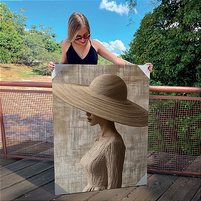 Quadro Decorativo Canvas Moda Mulher com Vestido e Chapéu Aba Larga Vertical