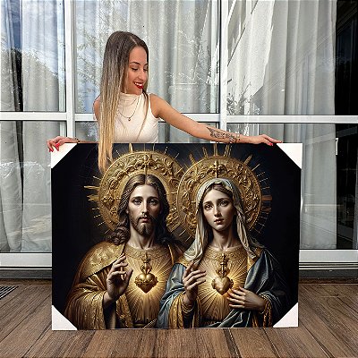 Quadro Decorativo Canvas Religioso Sagrado Coração de Jesus e Maria Horizontal