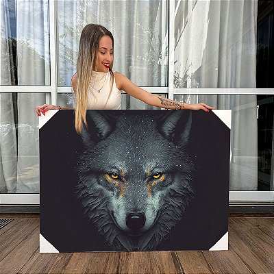Quadro Decorativo Canvas Animais Lobo Cinzento Olhos Amarelos Horizontal