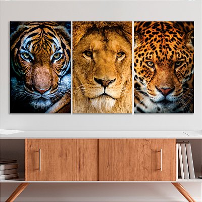Quadro Decorativo Canvas Trio Animais Silvestres Leão Tigre Onça