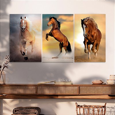 Quadro Decorativo Canvas Trio Animais Cavalos Colorido