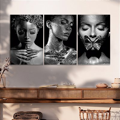Quadro Decorativo Canvas Trio Beleza Feminina Mulheres Maquiadas Preto e Branco