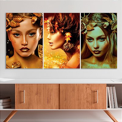 Quadro Decorativo Canvas Trio Beleza Feminina Mulheres com Maquiagem Dourada e Folhas na Cabeça