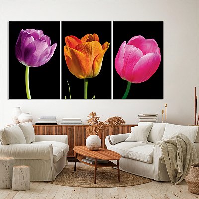 Quadro Decorativo Canvas Trio Tulipas Coloridas em Fundo Preto