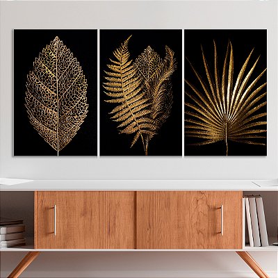 Quadro Decorativo Canvas Trio Folhas Douradas em Fundo Preto