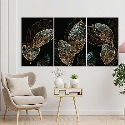 Quadro Decorativo Canvas Trio Folhas Com Traços Dourados Fundo Preto