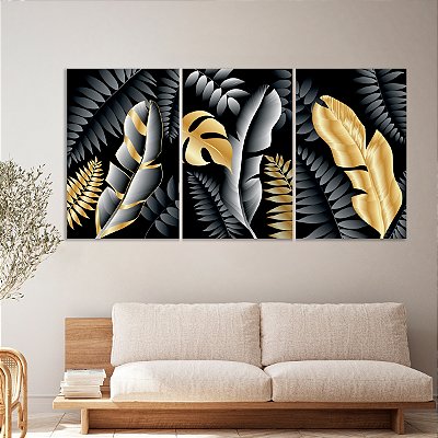 Quadro Decorativo Canvas Trio Folhas Abstratas Preto e Dourado Golden