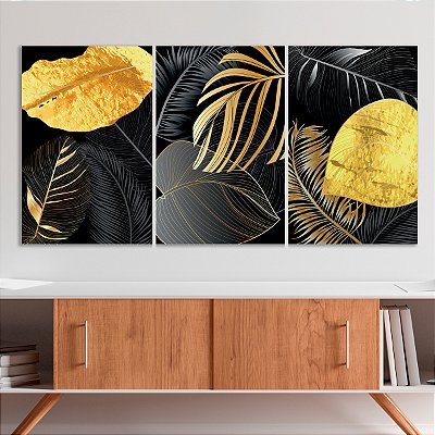 Quadro Decorativo Canvas Trio Composição Folhagens Pretas e Douradas